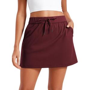 CRZ YOGA 4-Way Stretch A Line Skirts for Women – High Waitsted Mini Lined Tennis Work Drawstring Skort with Pockets(Noctilucence Red)