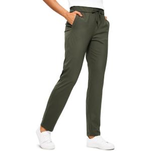 CRZ YOGA 4-Way Stretch Full Length Golf Pants for Women Tall 31″ – Travel Sweatpants Workout Trousers with Pockets(Olive Green)