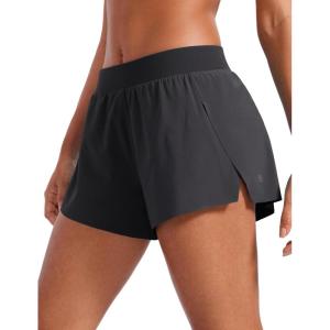 CRZ YOGA Athletic Running Shorts for Women V Split Low Waisted Lightweight Gym Workout Athletic Shorts with Liner(Black)