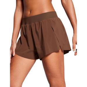 CRZ YOGA Athletic Running Shorts for Women V Split Low Waisted Lightweight Gym Workout Athletic Shorts with Liner(Coffee Brown)