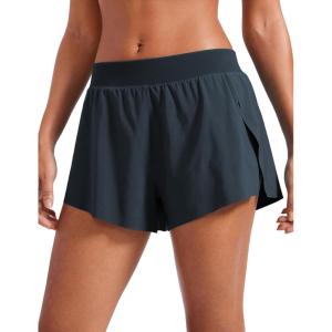 CRZ YOGA Athletic Running Shorts for Women V Split Low Waisted Lightweight Gym Workout Athletic Shorts with Liner(True Navy)