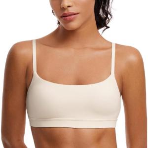 CRZ YOGA Butterluxe Adjustable Spaghetti Strap Sports Bras for Women – Scoop Neck Wireless Padded Yoga Workout Crop Top(White Apricot)