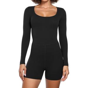 CRZ YOGA Butterluxe Athletic Rompers for Women Long Sleeve Scoop Neck Short Jumpsuits Stretchy Workout One Piece Bodysuit(Black)