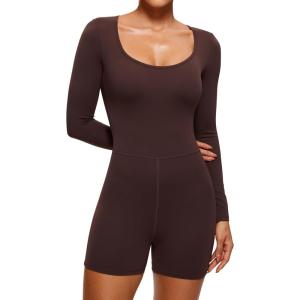 CRZ YOGA Butterluxe Athletic Rompers for Women Long Sleeve Scoop Neck Short Jumpsuits Stretchy Workout One Piece Bodysuit(Hot Fudge Brown)