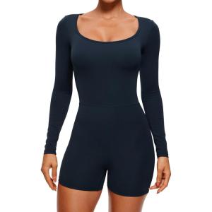 CRZ YOGA Butterluxe Athletic Rompers for Women Long Sleeve Scoop Neck Short Jumpsuits Stretchy Workout One Piece Bodysuit(True Navy)