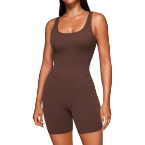 CRZ YOGA Butterluxe Athletic Womens Romper Tank Tops Workout Casual Shorts Jumpsuits One Piece Bodysuit ScoopNeck Padded(Coffee Brown)