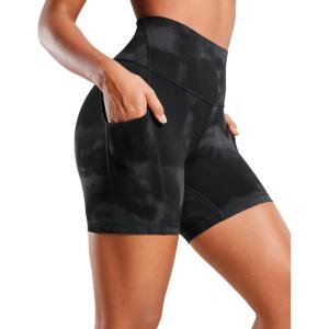 CRZ YOGA Butterluxe Biker Shorts Pockets 5″ – High Waisted Volleyball Workout Athletic Yoga Womens(Black Tie Dye Flowers)