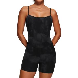 CRZ YOGA Butterluxe Cami Strap Rompers for Women – Adjustable Sleeveless One Piece Yoga Jumpsuits Bodysuit Shorts Padded(Black Tie Dye Flowers)
