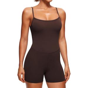 CRZ YOGA Butterluxe Cami Strap Rompers for Women – Adjustable Sleeveless One Piece Yoga Jumpsuits Bodysuit Shorts Padded(Hot Fudge Brown)