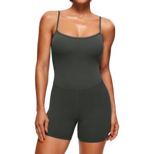 CRZ YOGA Butterluxe Cami Strap Rompers for Women – Adjustable Sleeveless One Piece Yoga Jumpsuits Bodysuit Shorts Padded(Olive Green)