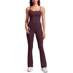 CRZ YOGA Butterluxe Flare Jumpsuits for Women Spaghetti Strap Workout Athletic Onesie Square Neck Bodysuits with Built in Bra(Arctic Plum)