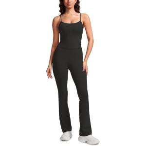 CRZ YOGA Butterluxe Flare Jumpsuits for Women Spaghetti Strap Workout Athletic Onesie Square Neck Bodysuits with Built in Bra(Black)