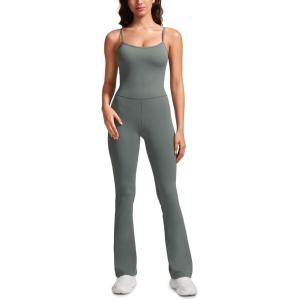 CRZ YOGA Butterluxe Flare Jumpsuits for Women Spaghetti Strap Workout Athletic Onesie Square Neck Bodysuits with Built in Bra(Grey Sage)