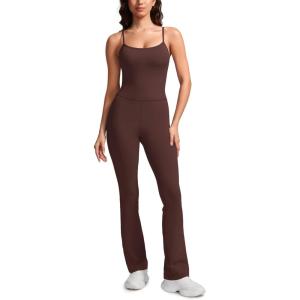 CRZ YOGA Butterluxe Flare Jumpsuits for Women Spaghetti Strap Workout Athletic Onesie Square Neck Bodysuits with Built in Bra(Taupe)