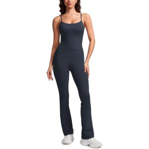 CRZ YOGA Butterluxe Flare Jumpsuits for Women Spaghetti Strap Workout Athletic Onesie Square Neck Bodysuits with Built in Bra(True Navy)