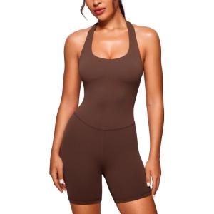 CRZ YOGA Butterluxe Halter Backless Athletic Rompers for Women Workout Bodycon One Piece Shorts Jumpsuit with Pads(Coffee Brown)