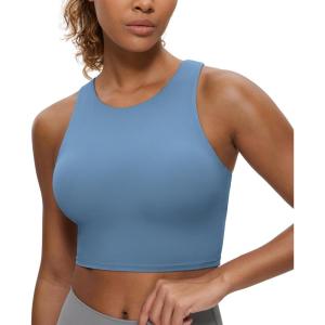 CRZ YOGA Butterluxe High Neck Crop Tank Tops for Women – Racerback Padded Longline Sports Bras Workout(Universe Blue)