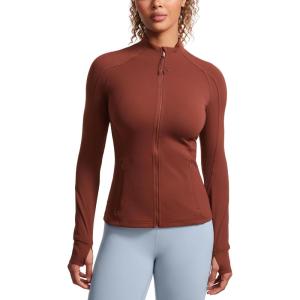 CRZ YOGA Butterluxe Hip Length Jackets for Women – Full Zip Athletic Track Tops with Thumb Holes Pockets(Jujube Brown)