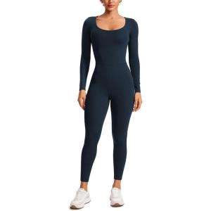 CRZ YOGA Butterluxe Long Sleeve Jumpsuits for Women Scoop Neck Casual Yoga One Piece 25″ Leggings Rompers(True Navy)