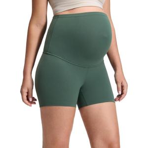 CRZ YOGA Butterluxe Maternity Biker Shorts 4″ – Over The Belly Pregnancy Yoga Workout Womens Activewear Buttery Soft(Dark Forest Green)