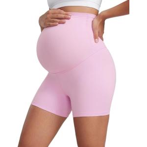CRZ YOGA Butterluxe Maternity Biker Shorts 4″ – Over The Belly Pregnancy Yoga Workout Womens Activewear Buttery Soft(Vita Pink)