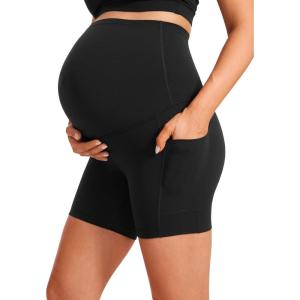 CRZ YOGA Butterluxe Maternity Biker Shorts Pockets 5″ – Over The Belly Pregnancy Womens Yoga Workout Athletic Buttery Soft(Black)