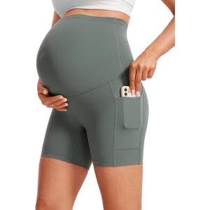 CRZ YOGA Butterluxe Maternity Biker Shorts Pockets 5″ – Over The Belly Pregnancy Womens Yoga Workout Athletic Buttery Soft(Grey Sage)