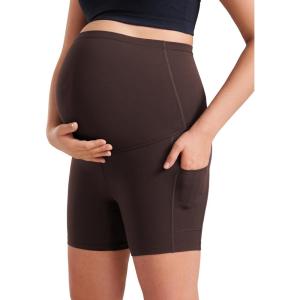 CRZ YOGA Butterluxe Maternity Biker Shorts Pockets 5″ – Over The Belly Pregnancy Womens Yoga Workout Athletic Buttery Soft(Hot Fudge Brown)
