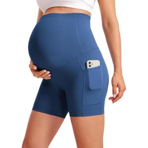 CRZ YOGA Butterluxe Maternity Biker Shorts Pockets 5″ – Over The Belly Pregnancy Womens Yoga Workout Athletic Buttery Soft(Pitch Blue)