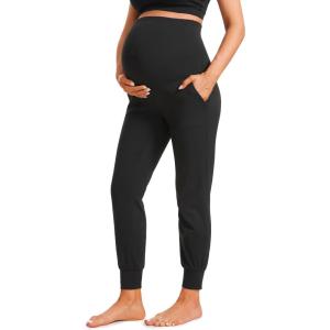 CRZ YOGA Butterluxe Maternity Joggers Pockets 27″ – Workout Active Yoga Pregnancy Womens Pants Over The Belly Soft(Black)