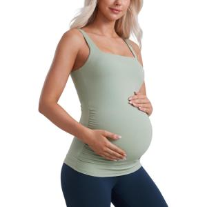 CRZ YOGA Butterluxe Maternity Square Neck Tank Tops – Ruched Sleeveless Womens Pregnancy Yoga Tee Shirt with Built in Bra(Green Palm Court)
