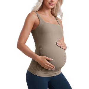 CRZ YOGA Butterluxe Maternity Square Neck Tank Tops – Ruched Sleeveless Womens Pregnancy Yoga Tee Shirt with Built in Bra(Nomad Grey)