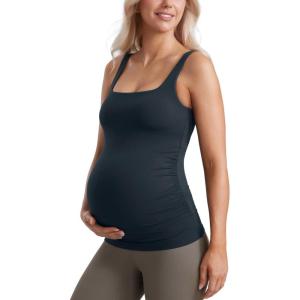CRZ YOGA Butterluxe Maternity Square Neck Tank Tops – Ruched Sleeveless Womens Pregnancy Yoga Tee Shirt with Built in Bra(True Navy)