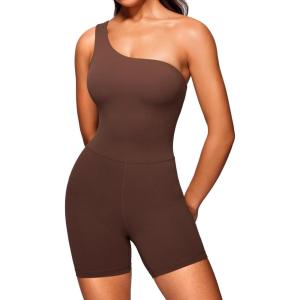 CRZ YOGA Butterluxe One Shoulder Athletic Rompers for Women Removable Padded Shorts Jumpsuit One Piece Stretchy Bodysuit(Coffee Brown)
