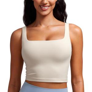 CRZ YOGA Butterluxe Square Neck Crop Tank Tops for Women – Workout Longline Sports Bras Padded Yoga Camisole(Mojave Tan)