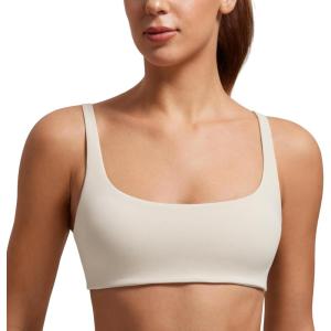 CRZ YOGA Butterluxe Square Neck Sports Bras for Women – Spaghetti Strap Yoga Wireless Low Coverage Padded Cami Crop Top(Mojave Tan)