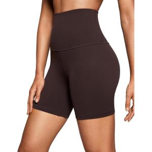 CRZ YOGA Butterluxe Super High Waist Biker Shorts 6″- Yoga Workout Womens Buttery Soft Over Belly(Hot Fudge Brown)