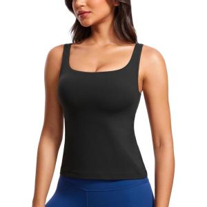 CRZ YOGA Butterluxe U Neck Tank Tops for Women – Padded Athletic Workout Camisole Crop Tops with Built in Bra(Black)