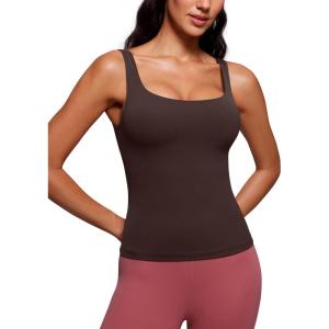 CRZ YOGA Butterluxe U Neck Tank Tops for Women – Padded Athletic Workout Camisole Crop Tops with Built in Bra(Hot Fudge Brown)