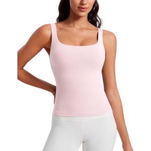 CRZ YOGA Butterluxe U Neck Tank Tops for Women – Padded Athletic Workout Camisole Crop Tops with Built in Bra(Strawberry Pink)