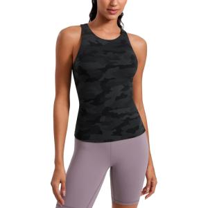 CRZ YOGA Butterluxe Workout Tank Tops for Women – Racerback Padded High Neck Yoga Athletic Shirt with Built in Bra(Dark Grey Camouflage 2)
