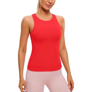 CRZ YOGA Butterluxe Workout Tank Tops for Women – Racerback Padded High Neck Yoga Athletic Shirt with Built in Bra(Deep Red)