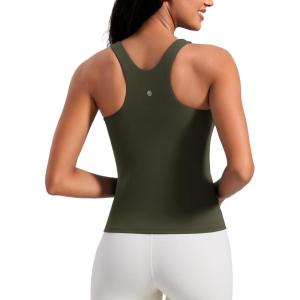 CRZ YOGA Butterluxe Workout Tank Tops for Women – Racerback Padded High Neck Yoga Athletic Shirt with Built in Bra(Olive Green)