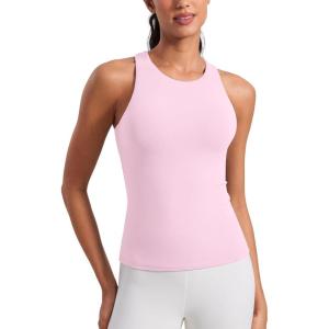 CRZ YOGA Butterluxe Workout Tank Tops for Women – Racerback Padded High Neck Yoga Athletic Shirt with Built in Bra(Pink Peony)