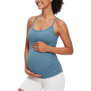 CRZ YOGA Butterluxe Y Back Maternity Tank Tops for Women Ruched Pregnancy Basic Camisole Sleeveless Athletic Yoga Shirts(Blue Ashes)