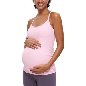CRZ YOGA Butterluxe Y Back Maternity Tank Tops for Women Ruched Pregnancy Basic Camisole Sleeveless Athletic Yoga Shirts(Pink Peony)