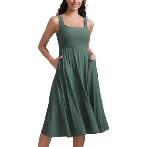 CRZ YOGA Cloudweight Double Lined Square Neck Midi Dresses for Women Casual Summer Sleeveless Outfits with Side Pockets(Graphite Green)