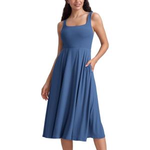 CRZ YOGA Cloudweight Double Lined Square Neck Midi Dresses for Women Casual Summer Sleeveless Outfits with Side Pockets(Pitch Blue)