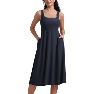 CRZ YOGA Cloudweight Double Lined Square Neck Midi Dresses for Women Casual Summer Sleeveless Outfits with Side Pockets(True Navy)