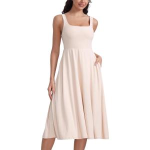 CRZ YOGA Cloudweight Double Lined Square Neck Midi Dresses for Women Casual Summer Sleeveless Outfits with Side Pockets(White Opal)